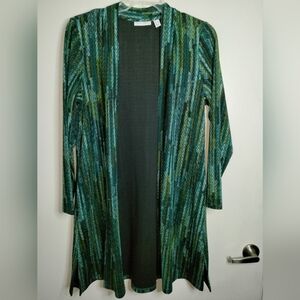 Susan Graver (Size L) Multicolor Patterned LS Pockets Open Front Duster Cardigan